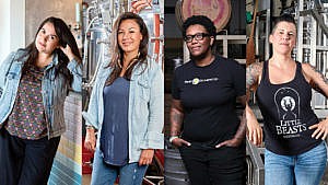 四个女人站在啤酒厂设备旁的拼贴照片