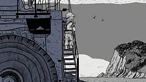 凯特·比顿(Kate Beaton)的漫画小说《鸭子》(Ducks)的封面裁剪图，插图是一个穿着安全装备的女人走上台阶，走向一辆卡车